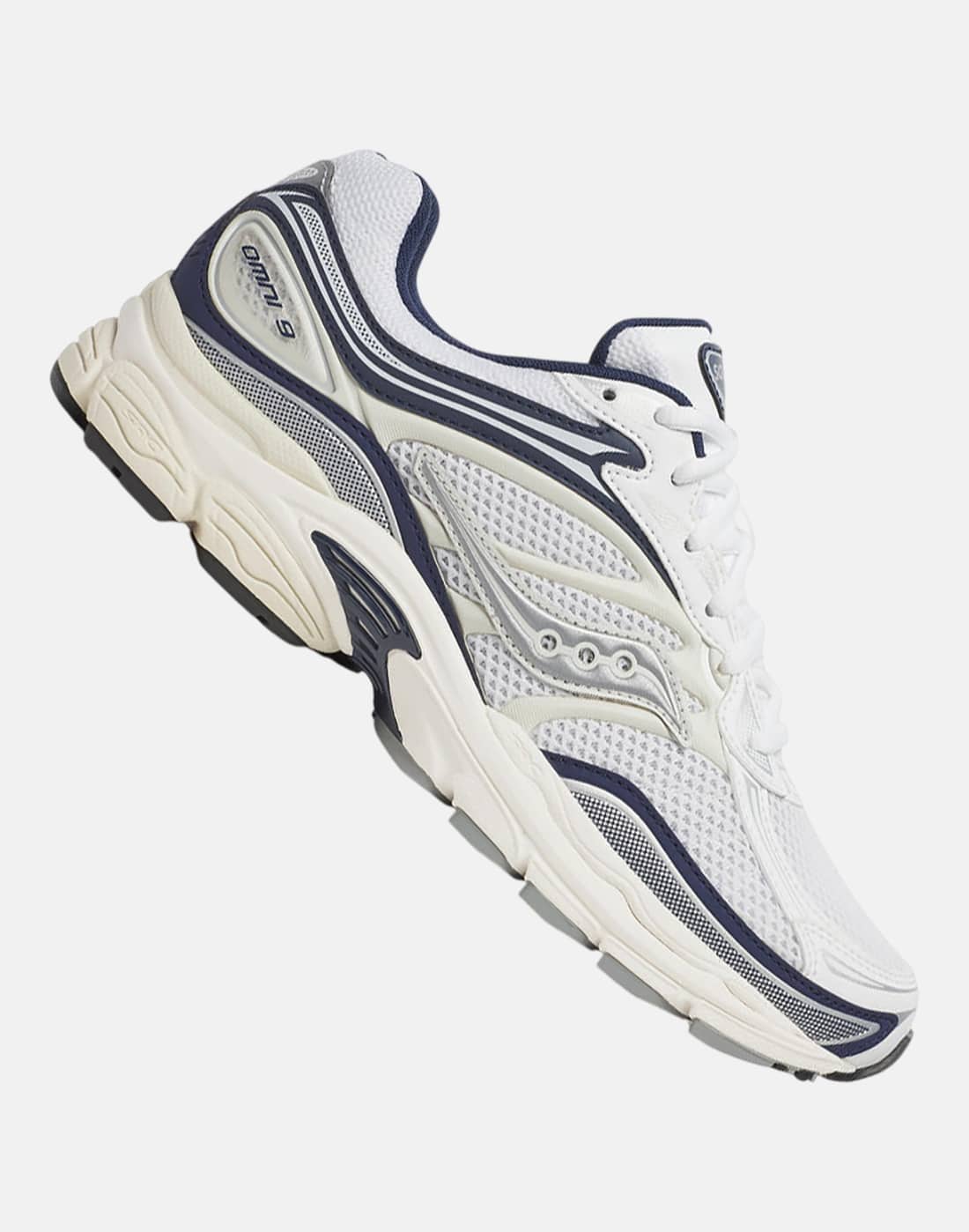 Saucony Adults Progrid Omni 9 Trainers in White/Navy Blue | Size 8.5 | Rubber