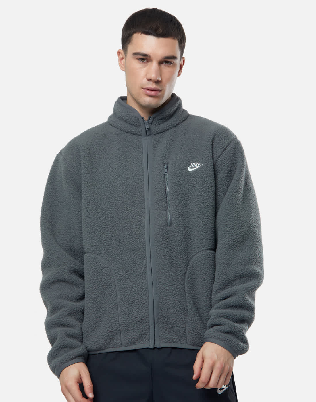 Men's Nike Club Sherpa Fleece Full Zip Top Wh in Grey/White