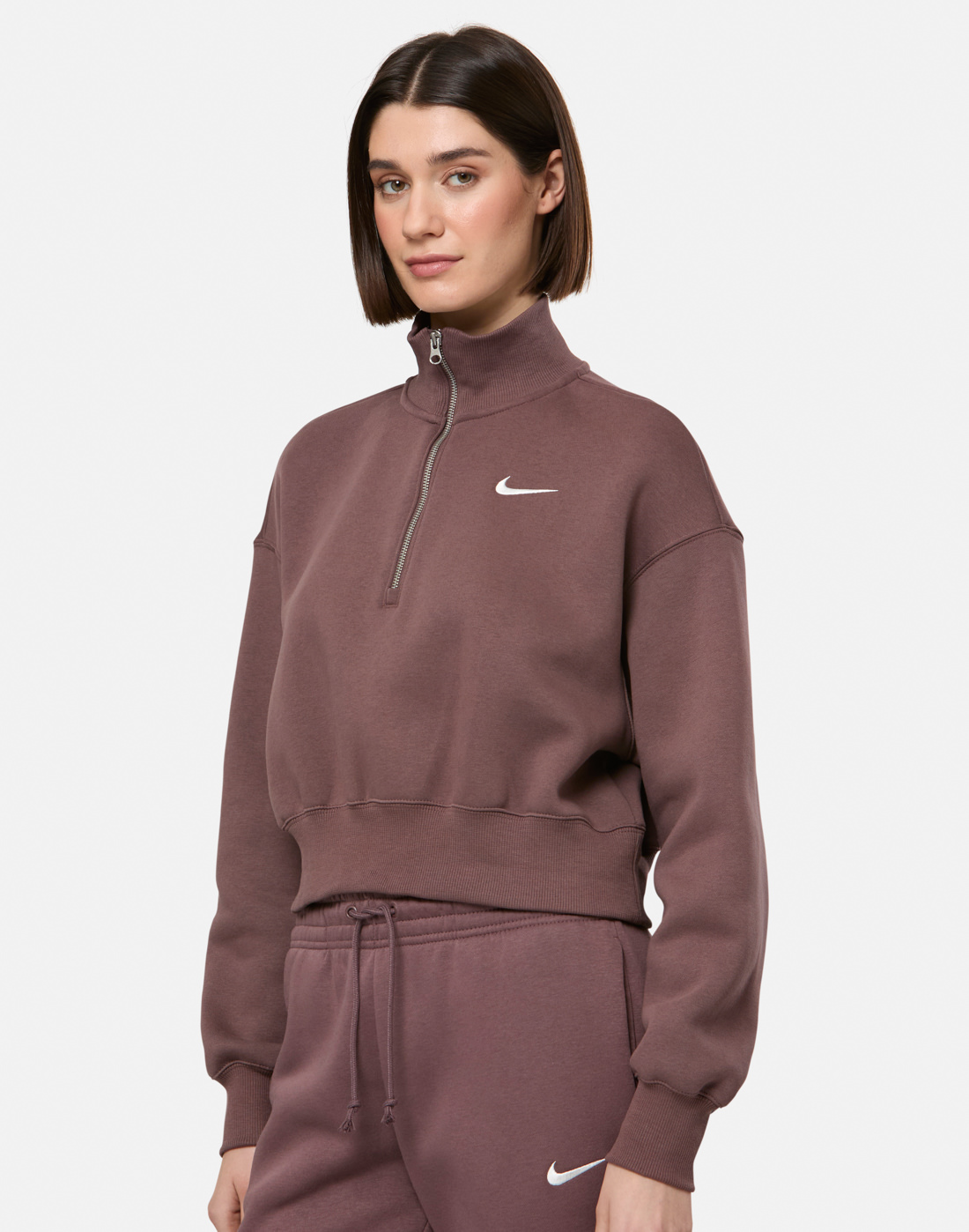 Women's Nike Phoenix Fleece Cropped Half Zip Top in Purple | XL