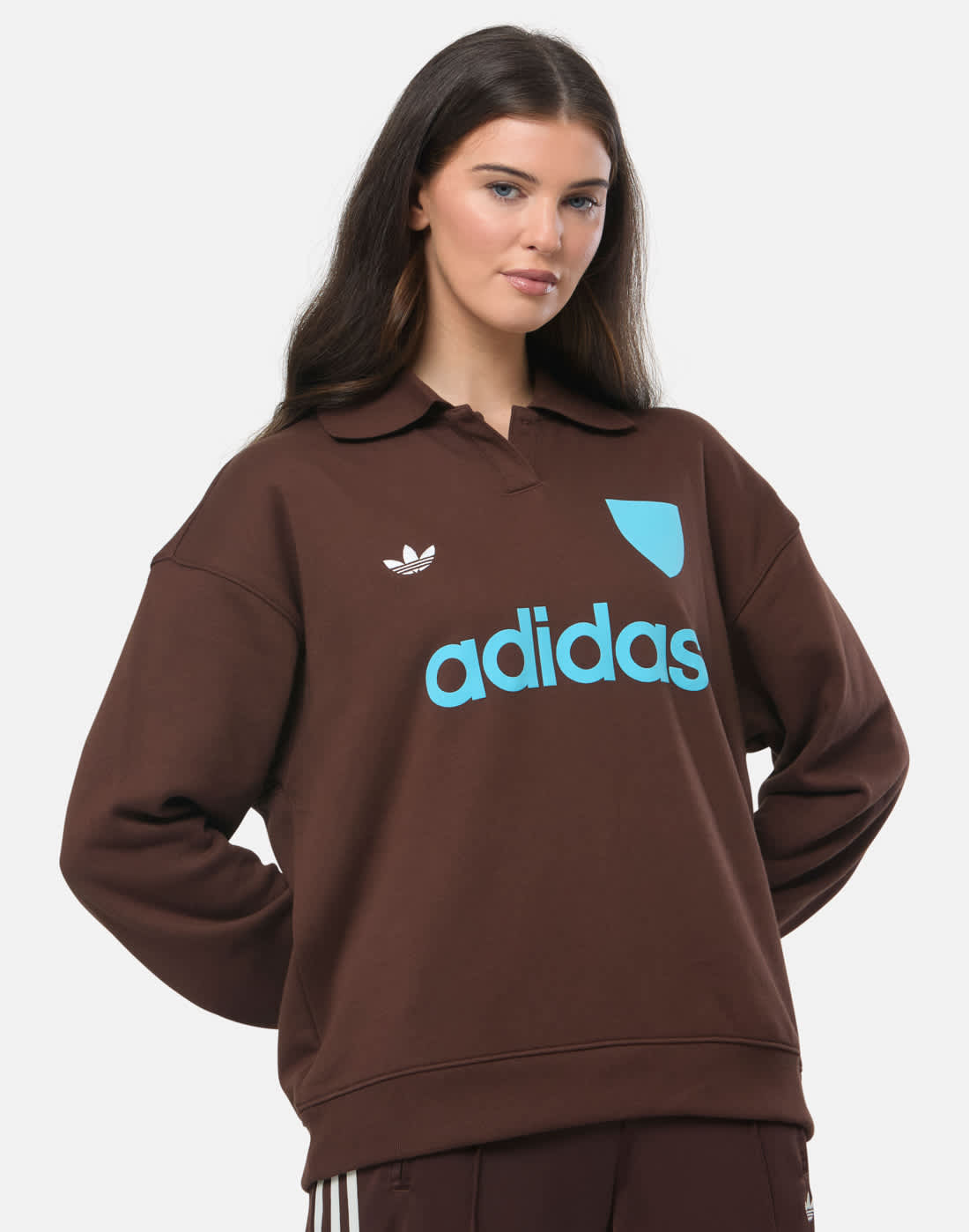 Women's Adidas Originals Football Inspired Polo Neck Sweatshirt in Brown | Fleece