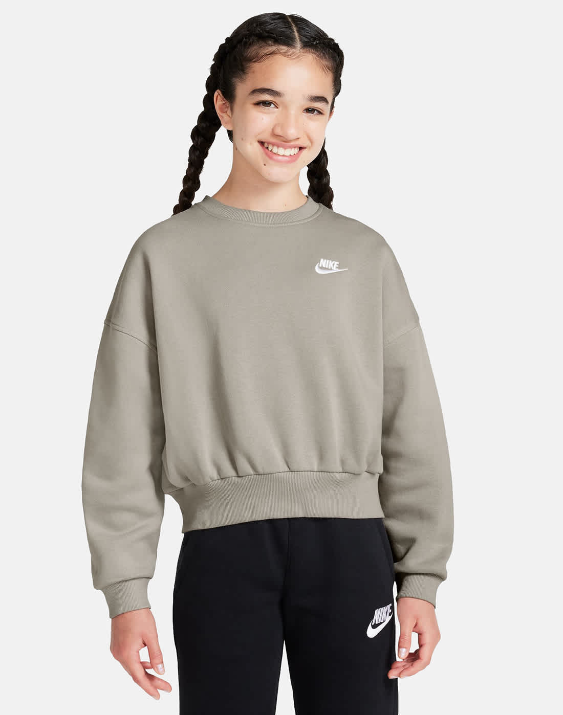Nike Older Kids Club Fleece Crew Neck Sweatshirt in Grey/White | Medium