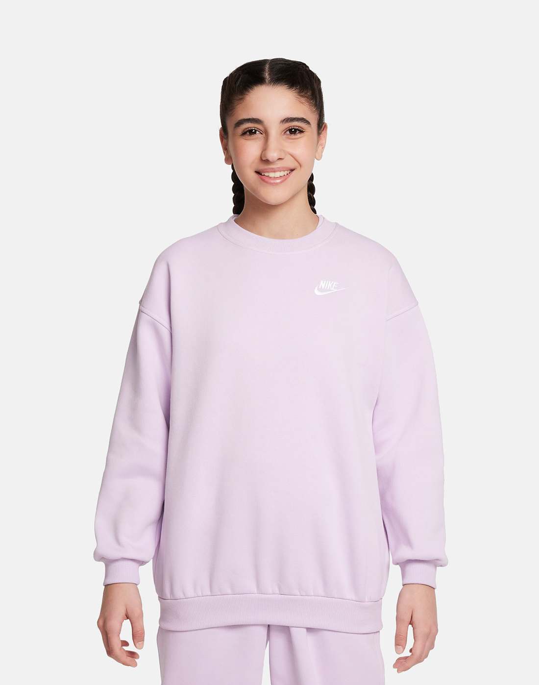 Nike Older Kids Club Fleece Oversized Crew Neck Sweatshirt in Purple/White | Small