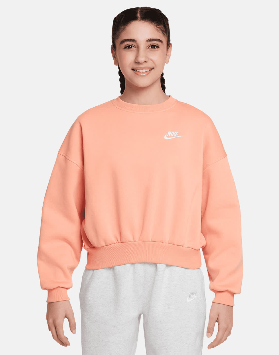 Nike Older Kids Boxy Crew Neck Sweatshirt in Orange/White | Large | Cotton