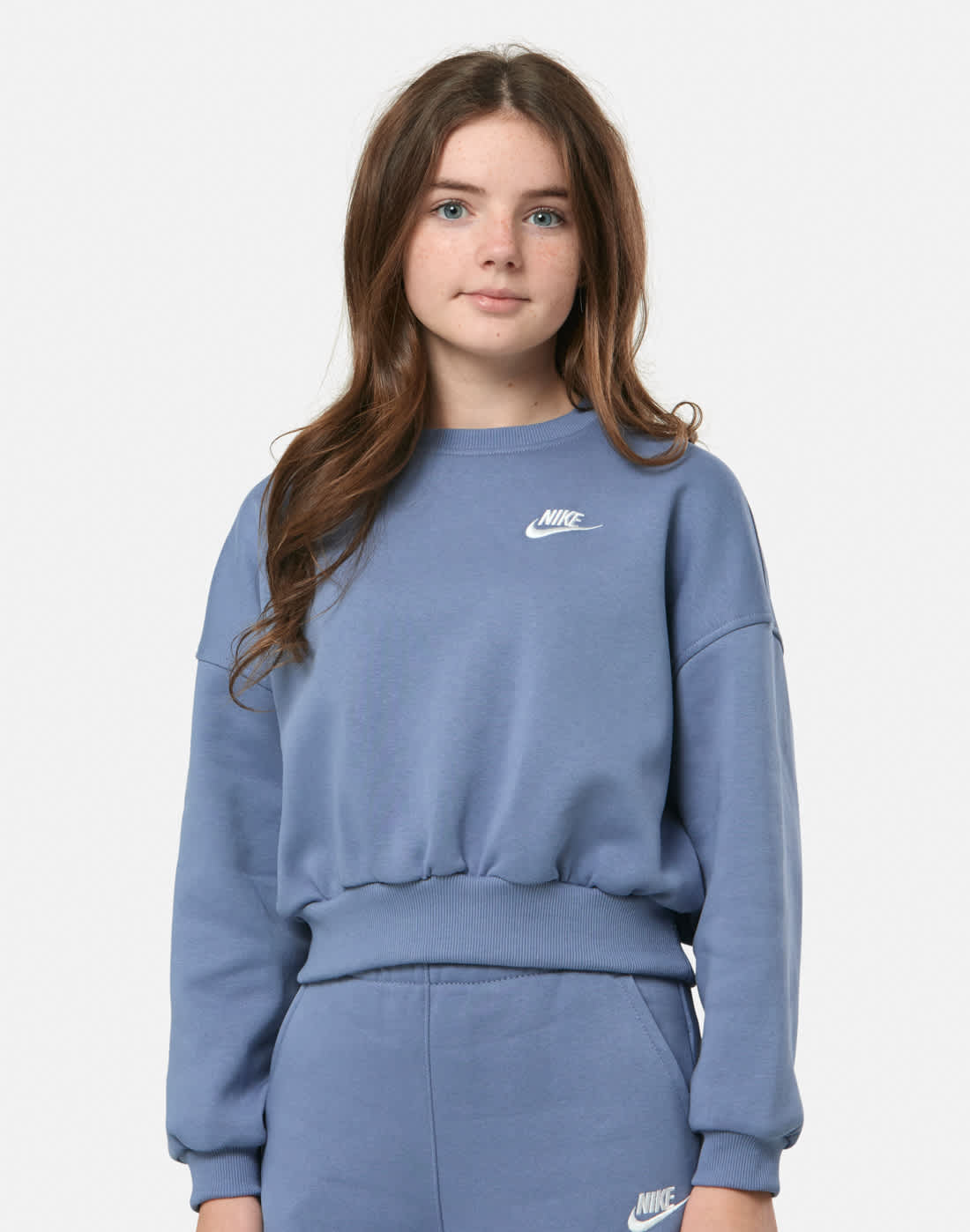 Nike Older Kids Club Boxy Crew Neck Sweatshirt in Blue/White | Fleece